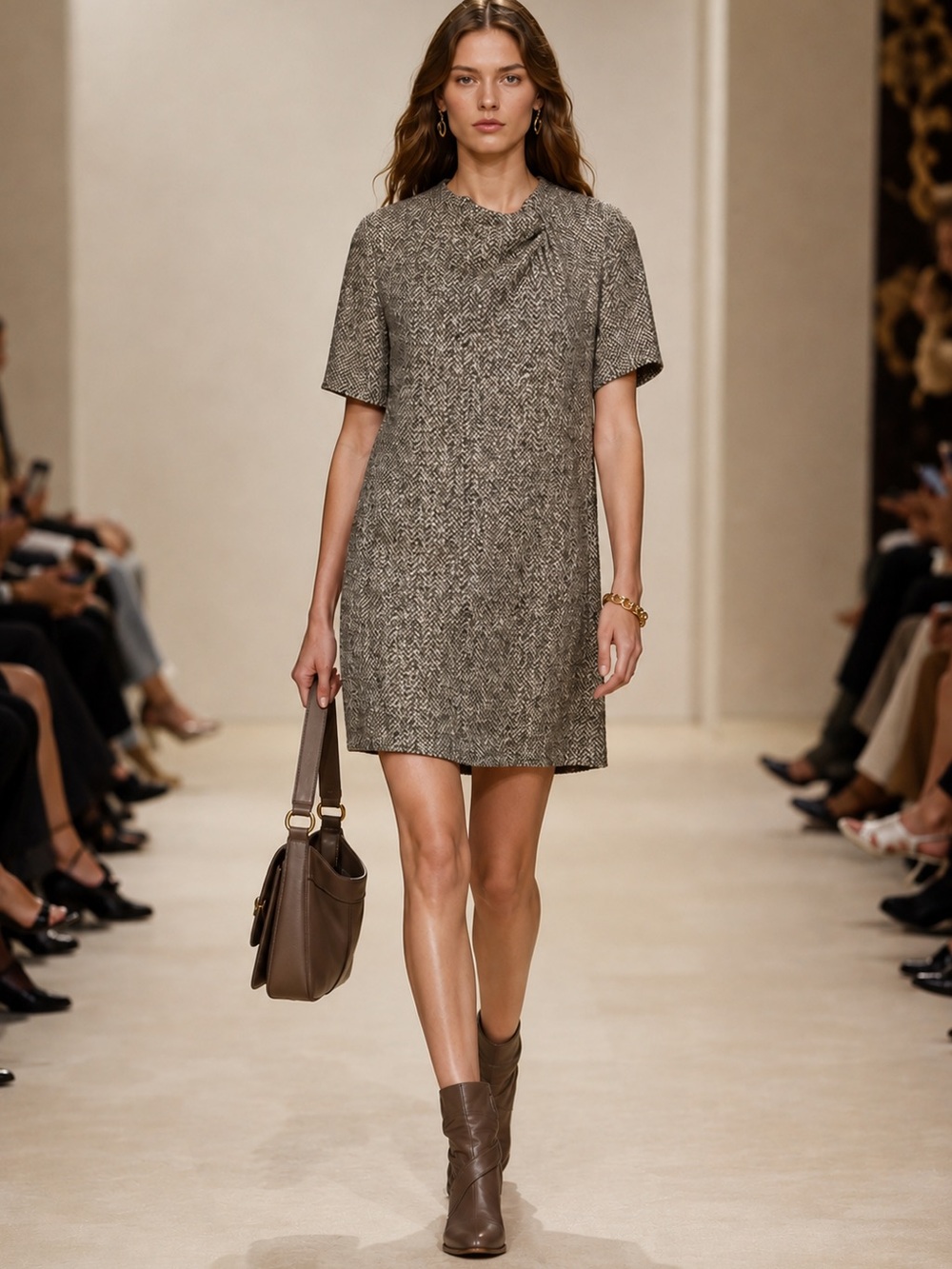 Chloe Brown, Beige and Cream Herringbone Mini Dress